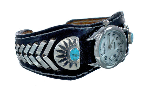 Navajo Turquoise Authentic Sterling Silver Leather Cuff Watch NN20302